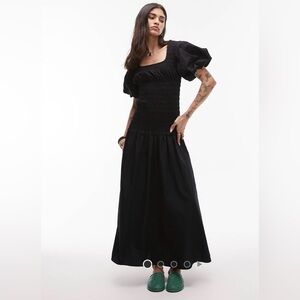 Topshop Black Smocked Maxi Dress with Puff Sleeves